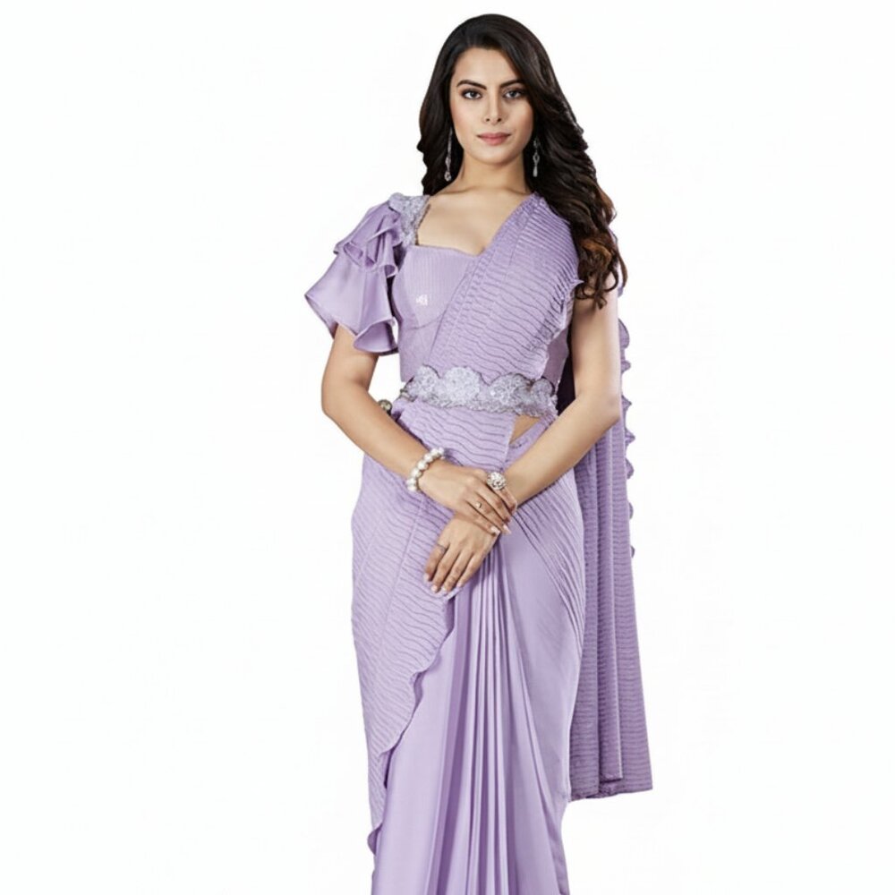 Elegant Lavender Ready-to-Wear Crepe Satin Silk and Georgette Saree with Ruffled